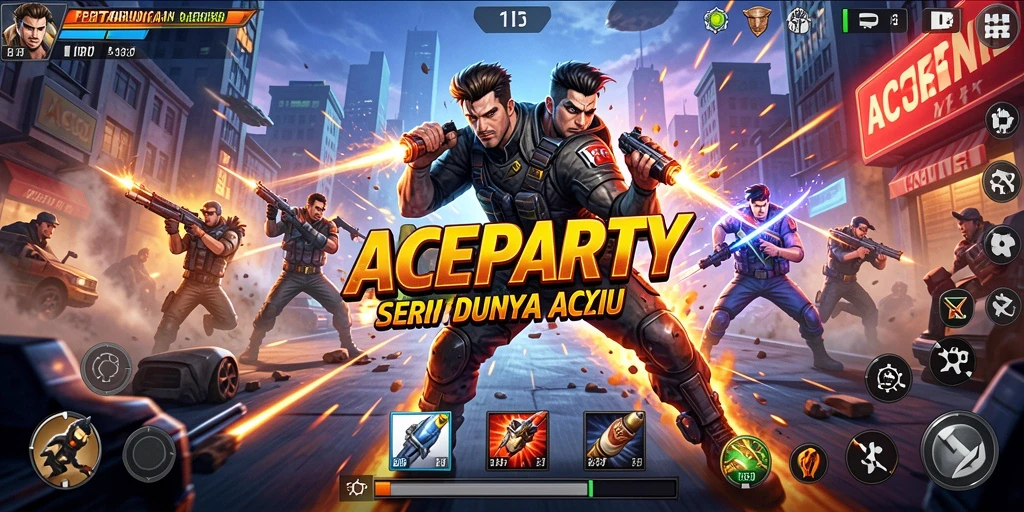 Tangkapan layar utama ACEPARTY menampilkan pertarungan seru dengan grafis yang memukau.