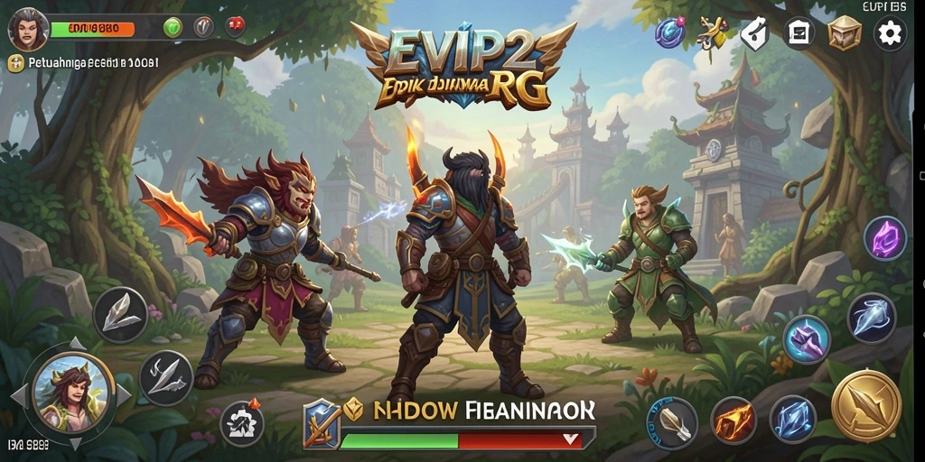 Screenshot gameplay RPG EVIP2 menampilkan pertarungan epik dan karakter yang mengesankan.