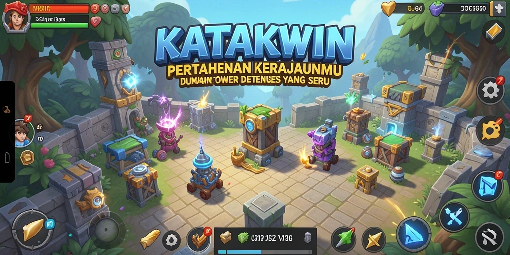 Tampilan gameplay KATAKWIN yang penuh aksi di medan pertempuran tower defense.
